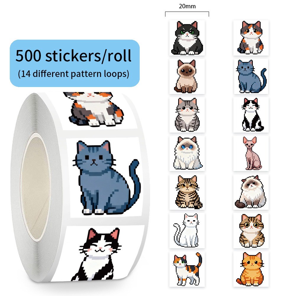 Craft Embellishment World - 500 Pcs/Roll Cute Pixel Cat Stickers