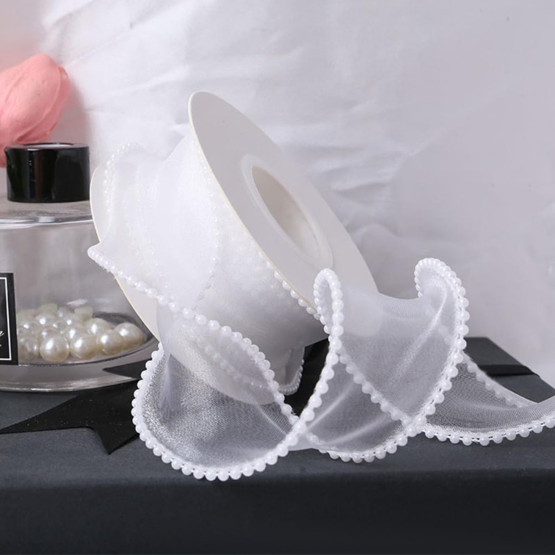 5 Yards White Faux Pearl Edge  - Organza Ribbon Spool recensie en prijs
