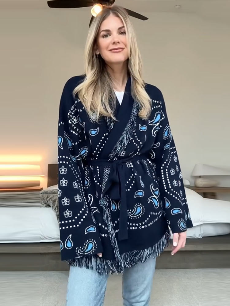 Elegant Print Tassel Cardigan  - Tassel Fringe Trim recensie en prijs